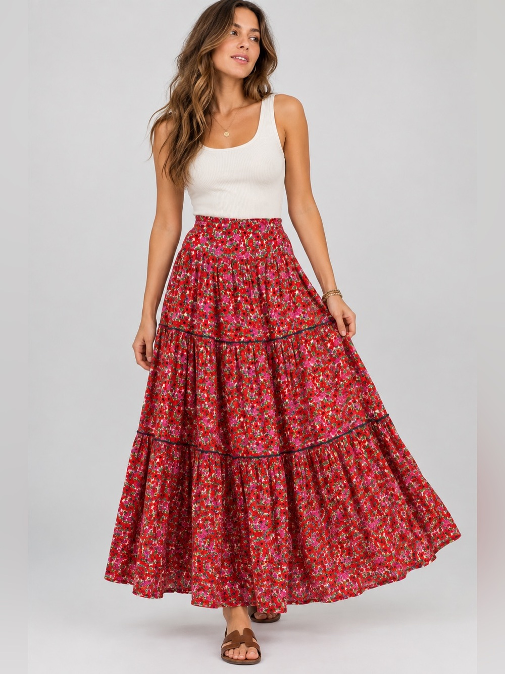 Natural Life Red Floral Tiered Maxi Skirt Boho Cottagecore